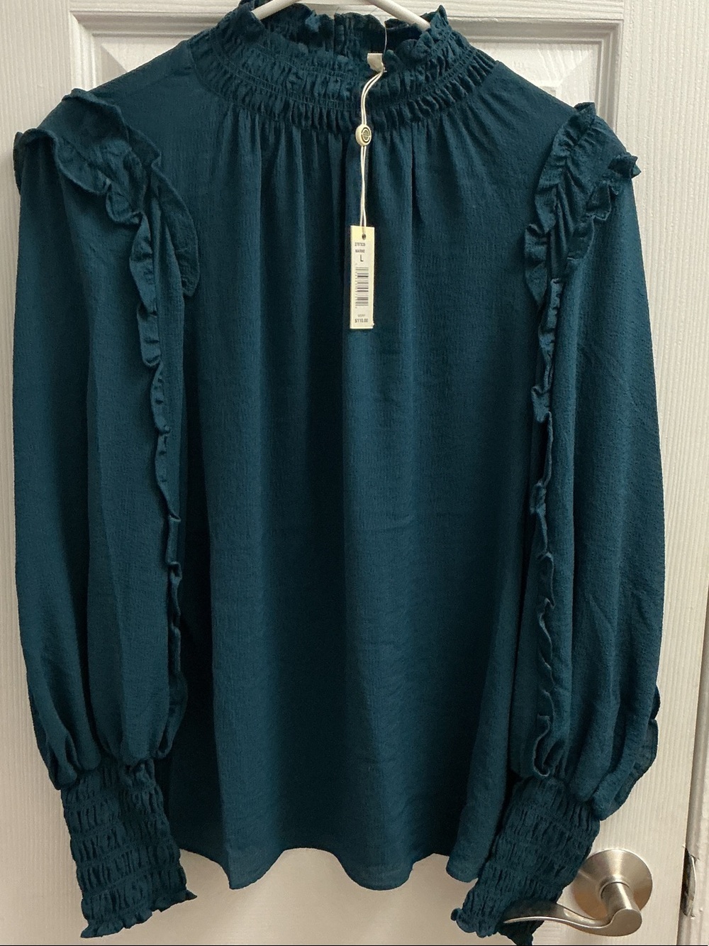 Max Studio Deep Teal Smocked Ruffle Blouse